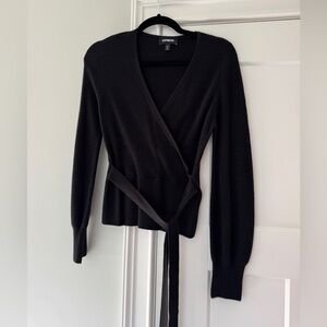 Express Black Ribbed Knit Wrap Sweater - Tie Front - medium